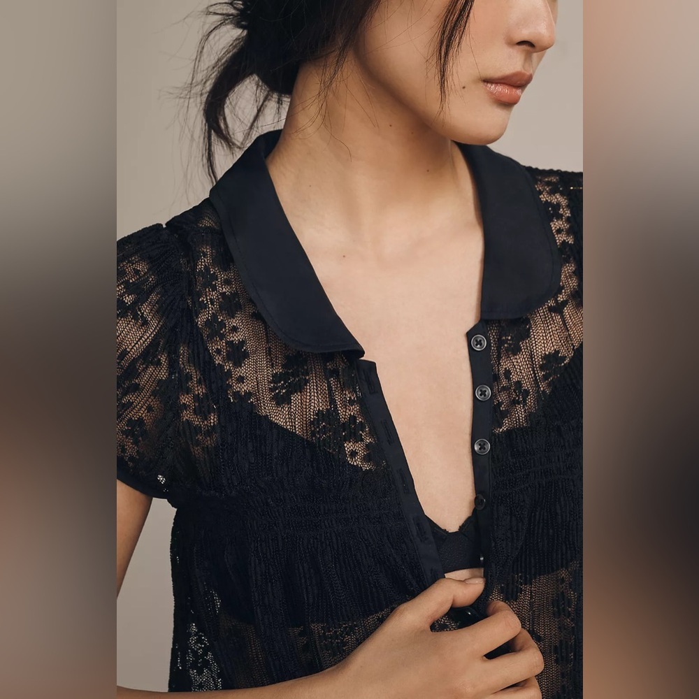 NWT Size S - Maeve Short Sleeve Sheer Lace Babydoll Blouse black (NWT US$ 88) - Picture 6 of 16